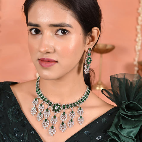Silver Plated Green Red American Diamond CZ Wedding Heavy Necklace Set With Earring