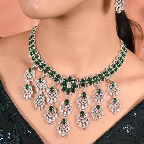 Silver Plated Green Red American Diamond CZ Wedding Heavy Necklace Set With Earring