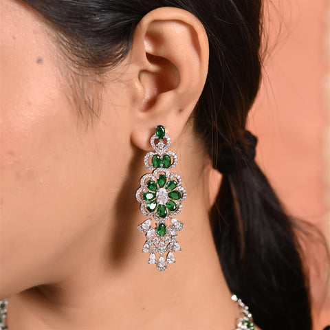 Silver Plated Green Red American Diamond CZ Wedding Heavy Necklace Set With Earring