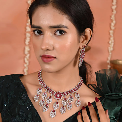 Silver Plated Green Red American Diamond CZ Wedding Heavy Necklace Set With Earring
