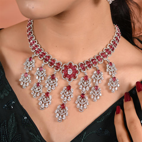 Silver Plated Green Red American Diamond CZ Wedding Heavy Necklace Set With Earring