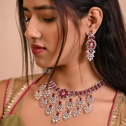 Silver Plated Green Red American Diamond CZ Wedding Heavy Necklace Set With Earring