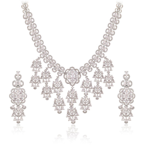 Silver Plated Green Red American Diamond CZ Wedding Heavy Necklace Set With Earring