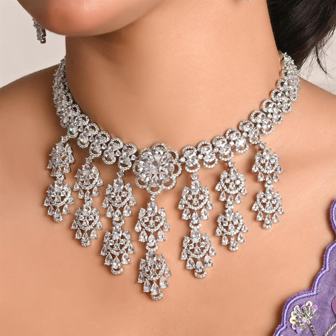 Silver Plated Green Red American Diamond CZ Wedding Heavy Necklace Set With Earring