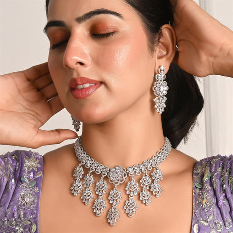 Silver Plated Green Red American Diamond CZ Wedding Heavy Necklace Set With Earring