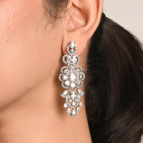 Silver Plated Green Red American Diamond CZ Wedding Heavy Necklace Set With Earring