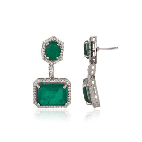 Silver Plated Green American Diamond CZ Doublet Wedding Long Drop Necklace Set With Earring