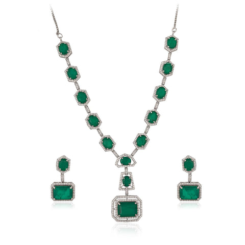 Silver Plated Green American Diamond CZ Doublet Wedding Long Drop Necklace Set With Earring