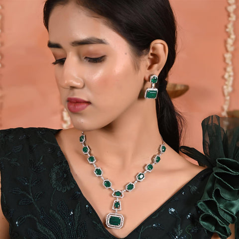 Silver Plated Green American Diamond CZ Doublet Wedding Long Drop Necklace Set With Earring