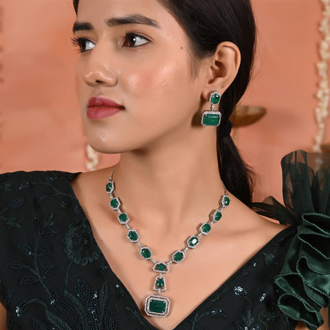 Silver Plated Green American Diamond CZ Doublet Wedding Long Drop Necklace Set With Earring
