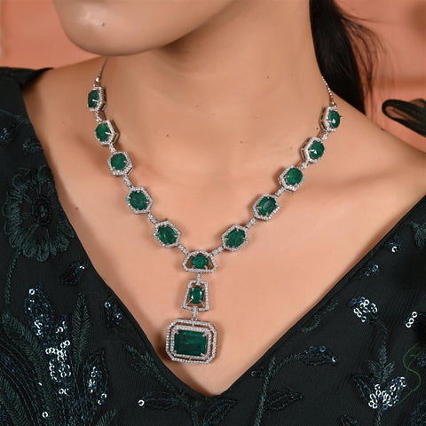 Silver Plated Green American Diamond CZ Doublet Wedding Long Drop Necklace Set With Earring