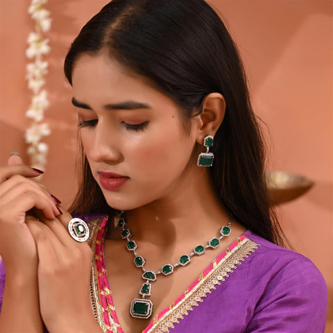 Silver Plated Green American Diamond CZ Doublet Wedding Long Drop Necklace Set With Earring