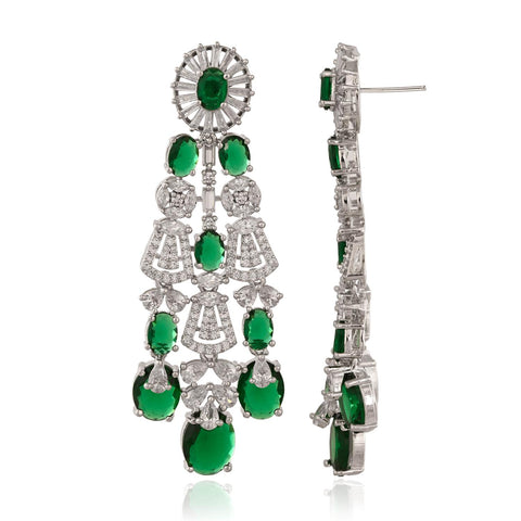 Silver Plated Green American Diamond CZ Wedding Heavy Necklace Set With Earring