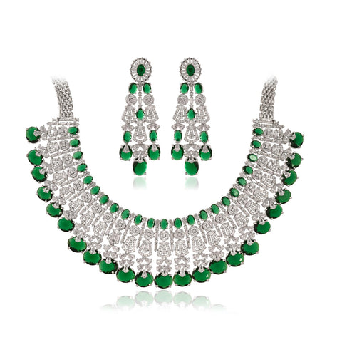 Silver Plated Green American Diamond CZ Wedding Heavy Necklace Set With Earring