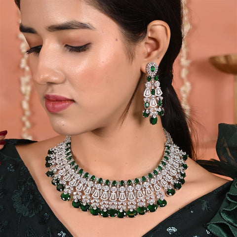 Silver Plated Green American Diamond CZ Wedding Heavy Necklace Set With Earring