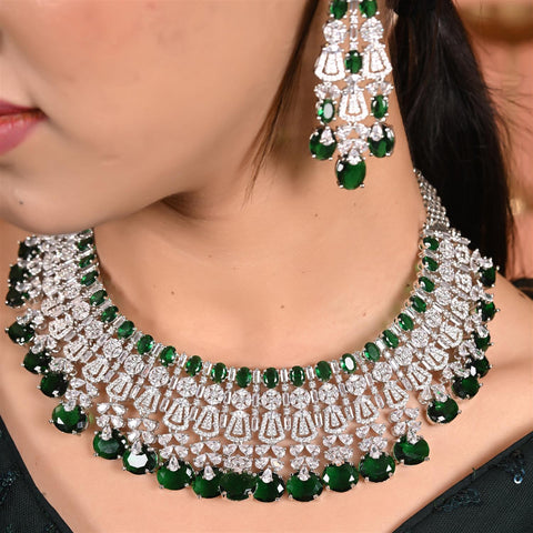 Silver Plated Green American Diamond CZ Wedding Heavy Necklace Set With Earring