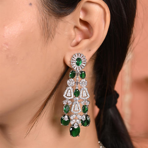 Silver Plated Green American Diamond CZ Wedding Heavy Necklace Set With Earring