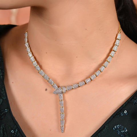 Silver Gold Plated American Diamond CZ Sleek Statement Drop Necklace Set With Earring