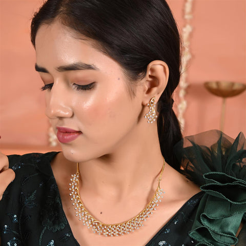 Silver Gold Plated American Diamond CZ Sleek Statement Drop Necklace Set With Earring