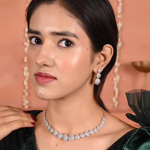 Gold Plated American Diamond CZ Graduation Single Line Necklace Set With Earring