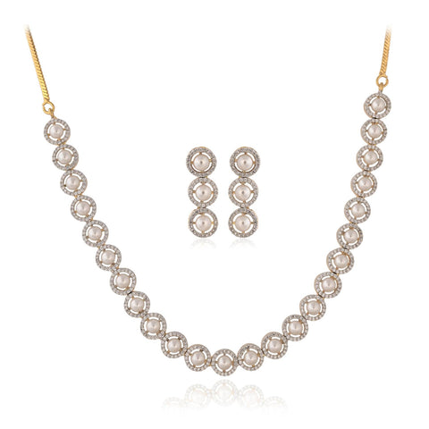 Gold Plated American Diamond CZ Sleek Pearl Single Line Necklace Set With Earring