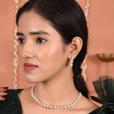 Gold Plated American Diamond CZ Sleek Pearl Single Line Necklace Set With Earring
