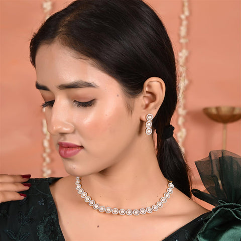Gold Plated American Diamond CZ Sleek Pearl Single Line Necklace Set With Earring
