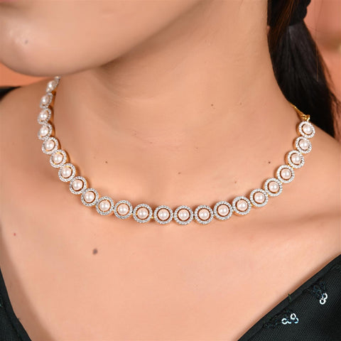 Gold Plated American Diamond CZ Sleek Pearl Single Line Necklace Set With Earring
