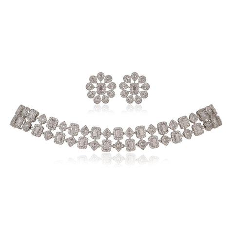 Silver Plated American Diamond CZ Sleek Choker Necklace Set With Earring