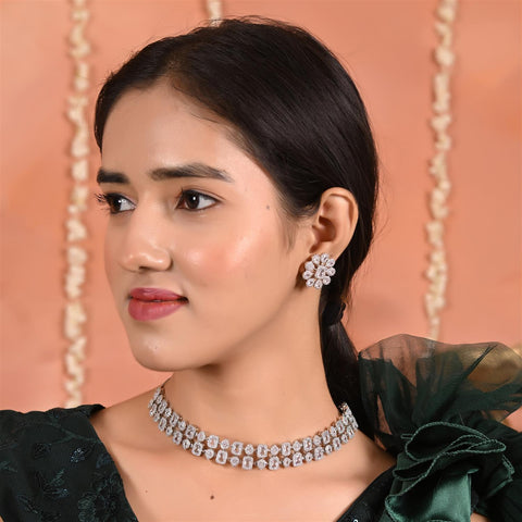 Silver Plated American Diamond CZ Sleek Choker Necklace Set With Earring