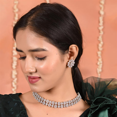 Silver Plated American Diamond CZ Sleek Choker Necklace Set With Earring