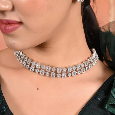 Silver Plated American Diamond CZ Sleek Choker Necklace Set With Earring