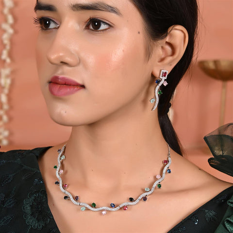 Silver Rose Plated American Diamond CZ Sleek Statement Multi color Necklace Set With Earring