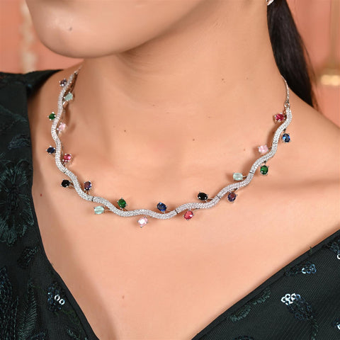Silver Rose Plated American Diamond CZ Sleek Statement Multi color Necklace Set With Earring