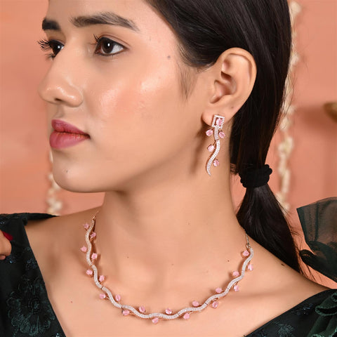 Silver Rose Plated American Diamond CZ Sleek Statement Multi color Necklace Set With Earring