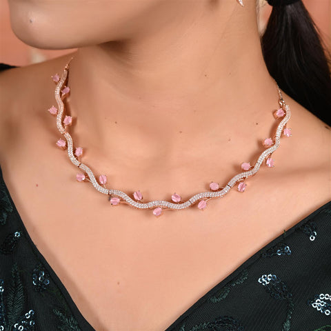 Silver Rose Plated American Diamond CZ Sleek Statement Multi color Necklace Set With Earring