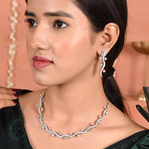Silver Rose Plated American Diamond CZ Sleek Statement Multi color Necklace Set With Earring