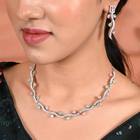 Silver Rose Plated American Diamond CZ Sleek Statement Multi color Necklace Set With Earring