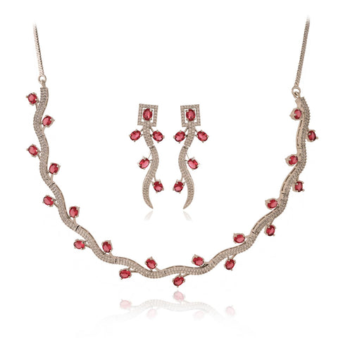 Silver Rose Plated American Diamond CZ Sleek Statement Multi color Necklace Set With Earring