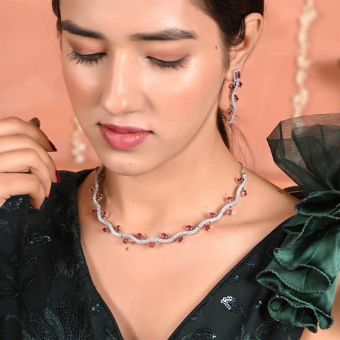 Silver Rose Plated American Diamond CZ Sleek Statement Multi color Necklace Set With Earring