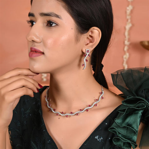 Silver Rose Plated American Diamond CZ Sleek Statement Multi color Necklace Set With Earring
