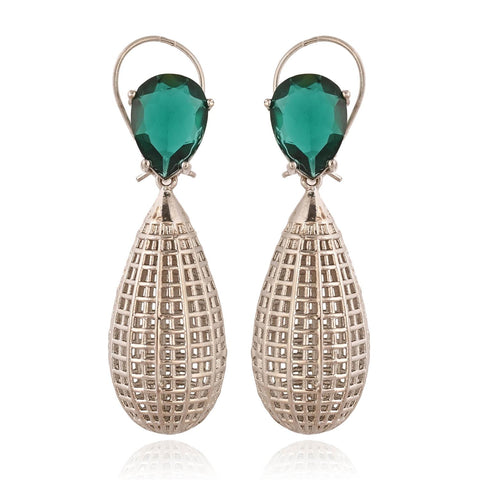 Designer CZ Red Green White Rose Silver Long Dangler Earrings