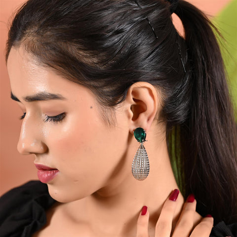 Designer CZ Red Green White Rose Silver Long Dangler Earrings