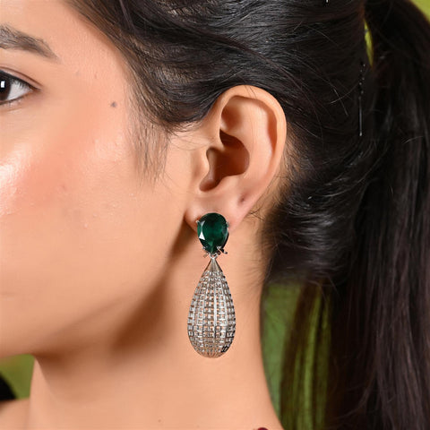 Designer CZ Red Green White Rose Silver Long Dangler Earrings
