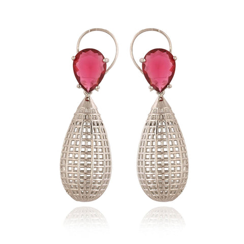 Designer CZ Red Green White Rose Silver Long Dangler Earrings