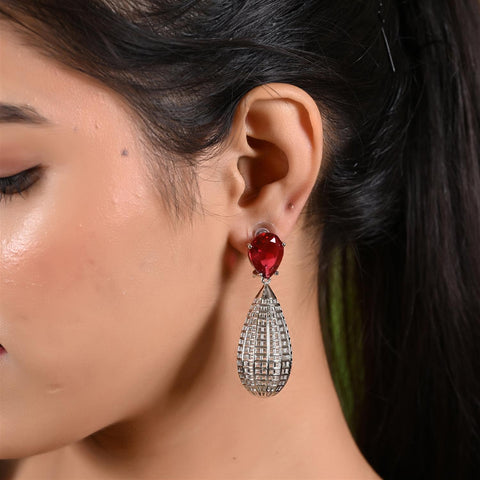 Designer CZ Red Green White Rose Silver Long Dangler Earrings