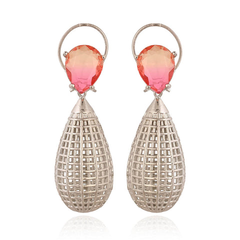 Designer CZ Red Green White Rose Silver Long Dangler Earrings