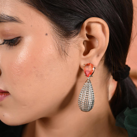 Designer CZ Red Green White Rose Silver Long Dangler Earrings