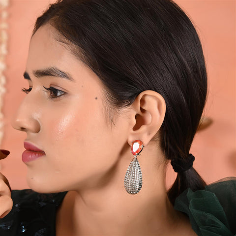 Designer CZ Red Green White Rose Silver Long Dangler Earrings