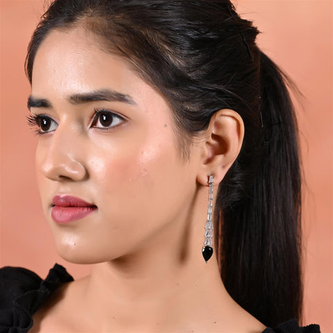Designer CZ Pink Green Green White Silver Plated Sleek Long Dangler Earrings